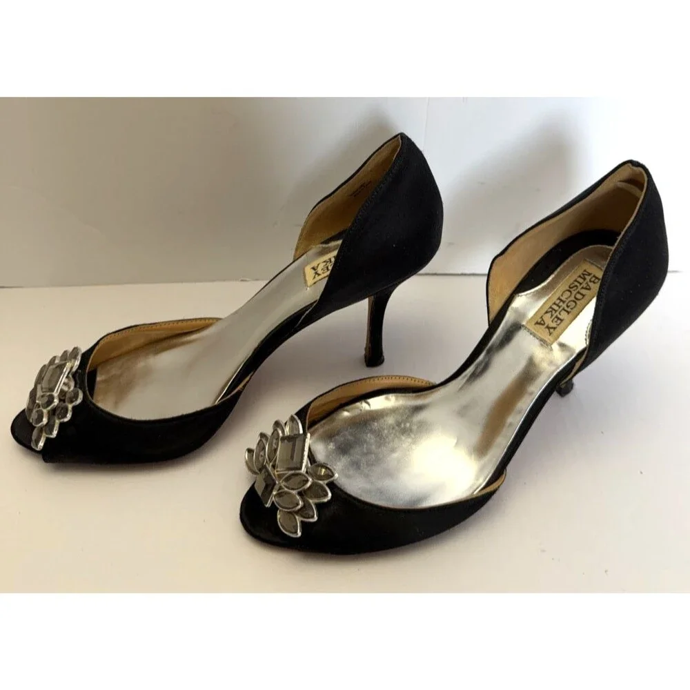 BADGLEY MISCHKA BLACK SATIN D’ORSAY OPEN TOE RHINESTONE EMBELLISHED HEELS SZ 7M